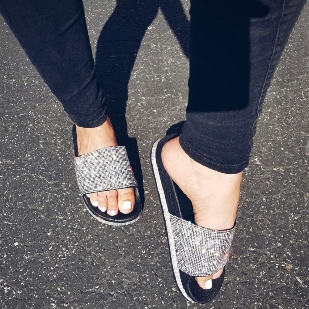 NEW Rhinestone Open Toe Flat Platform Slide Sandal